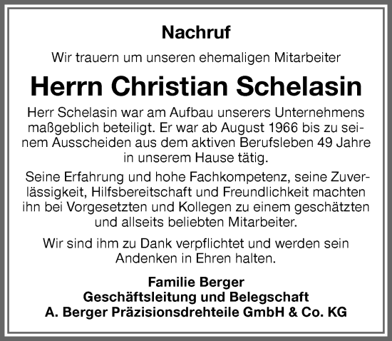Traueranzeige von Christian Schelasin von Memminger Zeitung