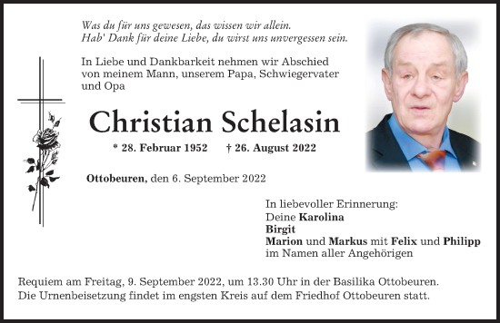 Traueranzeige von Christian Schelasin von Memminger Zeitung