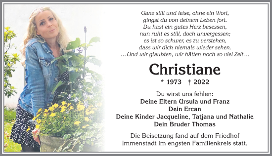 Traueranzeige von Christiane  von Allgäuer Anzeigeblatt