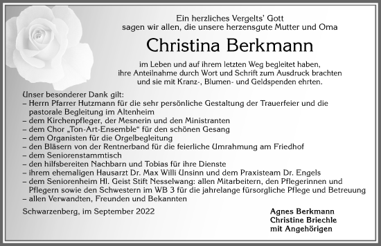 Traueranzeige von Christina Berkmann von Allgäuer Zeitung,Kempten