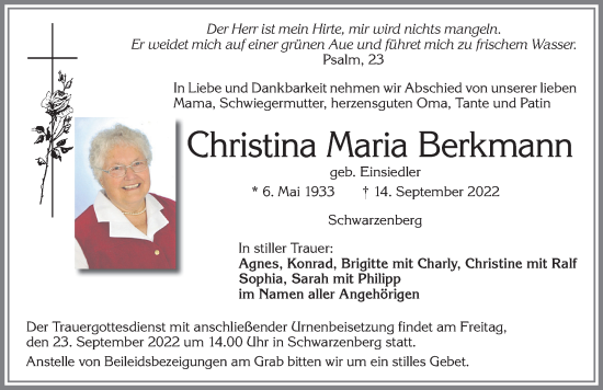Traueranzeige von Christina Maria Berkmann von Allgäuer Zeitung,Kempten