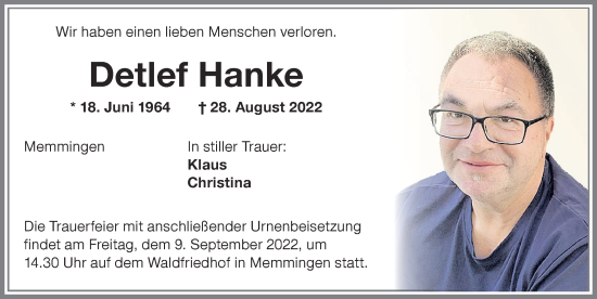 Traueranzeige von Detlef Hanke von Memminger Zeitung