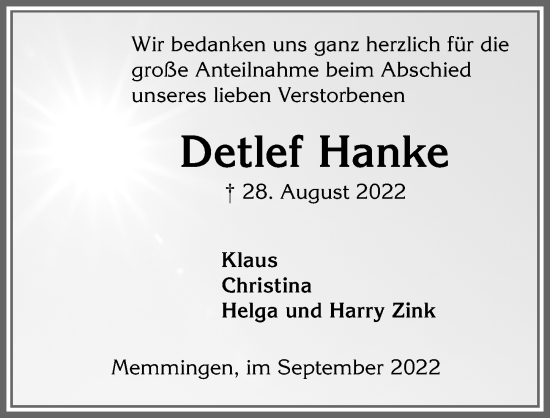 Traueranzeige von Detlef Hanke von Memminger Zeitung