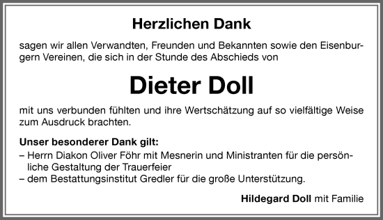 Traueranzeige von Dieter Doll von Memminger Zeitung