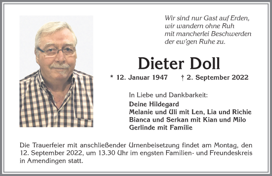 Traueranzeige von Dieter Doll von Memminger Zeitung