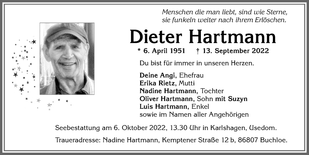  Traueranzeige für Dieter Hartmann vom 24.09.2022 aus Allgäuer Zeitung, Kaufbeuren/Buchloe