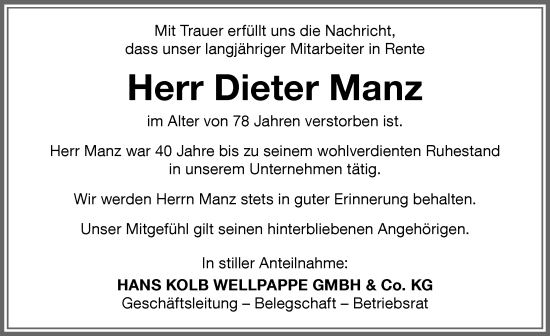 Traueranzeige von Dieter Manz von Memminger Zeitung