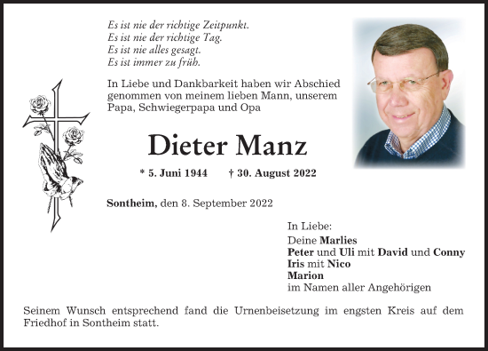 Traueranzeige von Dieter Manz von Memminger Zeitung