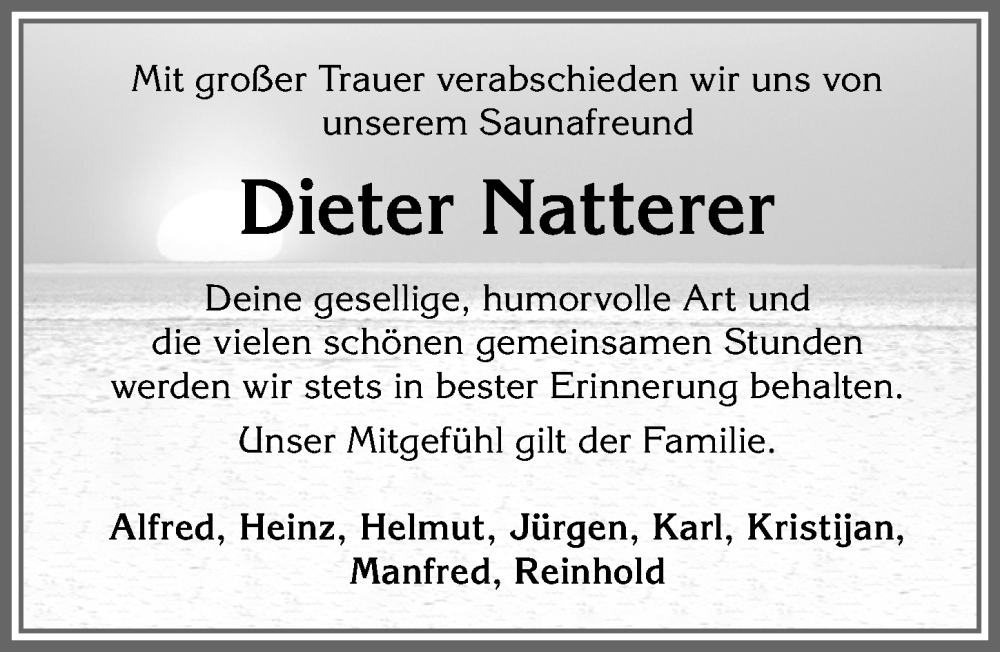  Traueranzeige für Dieter Natterer vom 01.09.2022 aus Allgäuer Zeitung, Füssen