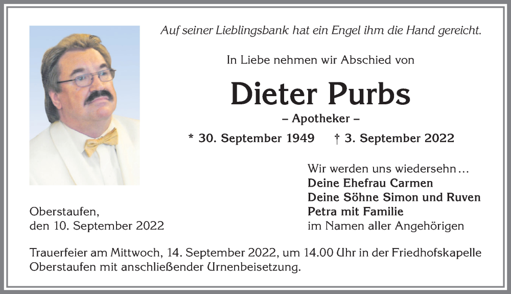  Traueranzeige für Dieter Purbs vom 10.09.2022 aus Allgäuer Anzeigeblatt