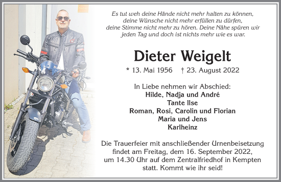 Traueranzeige von Dieter Weigelt von Allgäuer Zeitung,Kempten