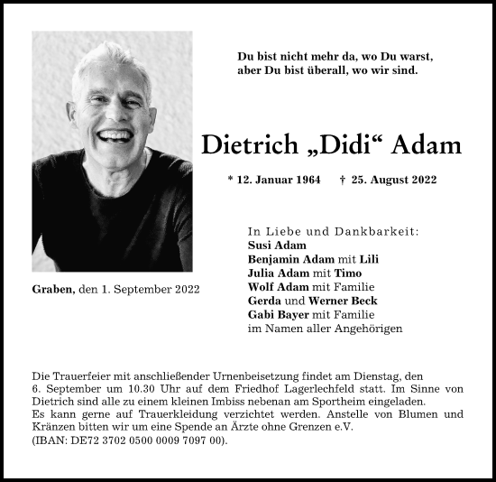 Traueranzeige von Dietrich Adam von Augsburger Allgemeine