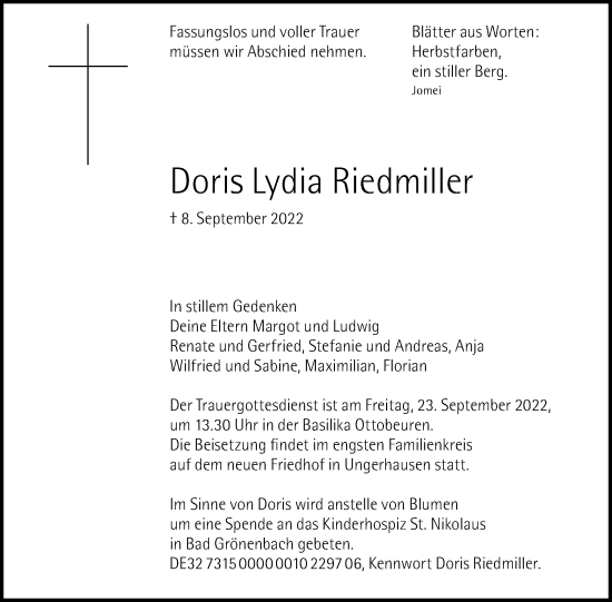 Traueranzeige von Doris Lydia Riedmiller von Memminger Zeitung