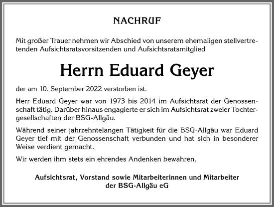 Traueranzeige von Edi Geyer von Allgäuer Zeitung,Kempten