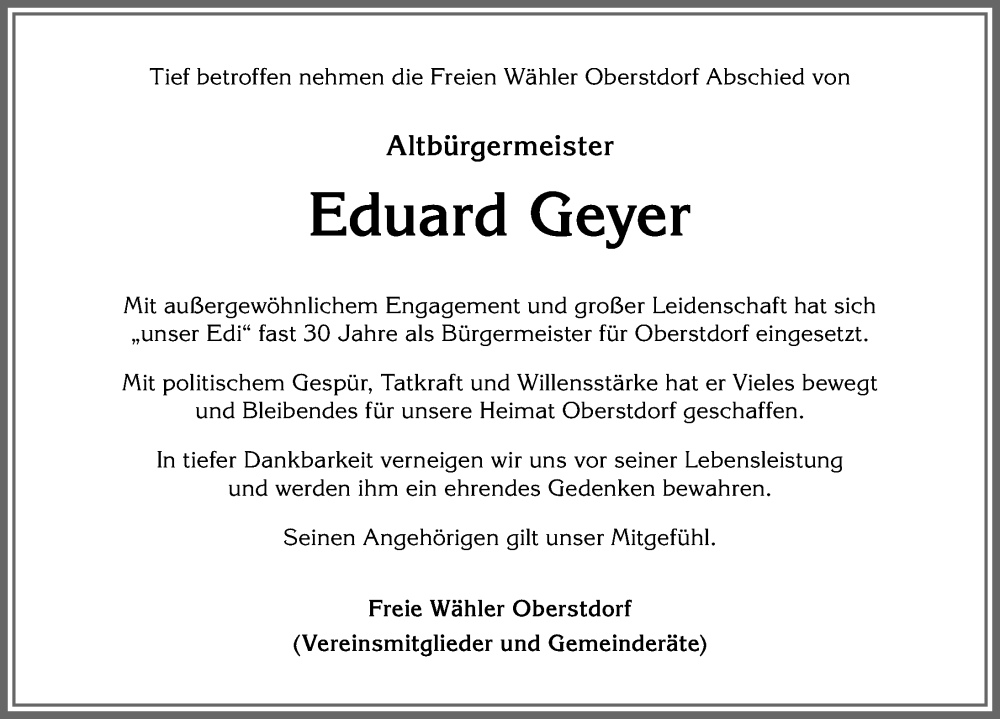  Traueranzeige für Edi Geyer vom 14.09.2022 aus Allgäuer Anzeigeblatt