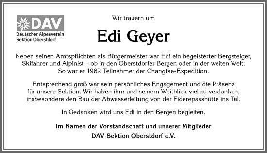 Traueranzeige von Edi Geyer von Allgäuer Anzeigeblatt