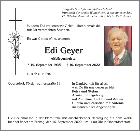 Traueranzeige von Edi Geyer von Allgäuer Anzeigeblatt