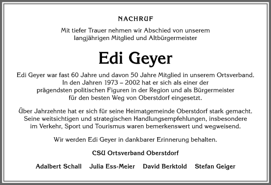 Traueranzeige von Edi Geyer von Allgäuer Anzeigeblatt