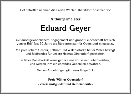 Traueranzeige von Edi Geyer von Allgäuer Anzeigeblatt