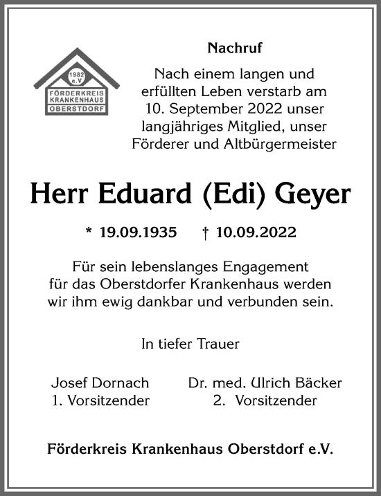 Traueranzeige von Edi Geyer von Allgäuer Anzeigeblatt