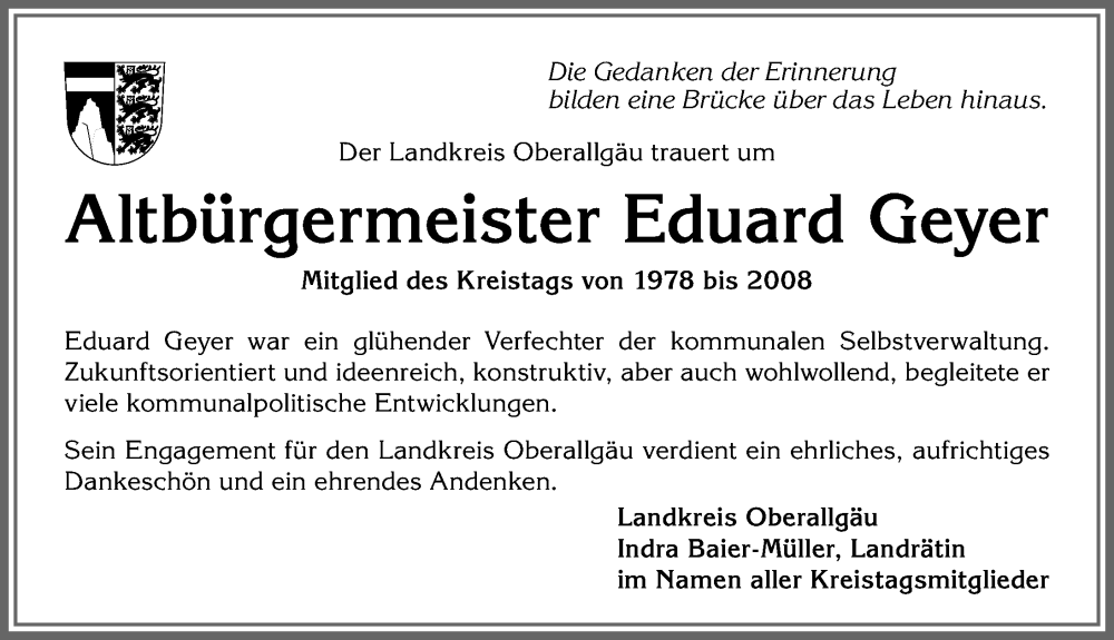  Traueranzeige für Edi Geyer vom 15.09.2022 aus Allgäuer Anzeigeblatt