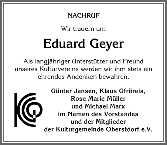 Traueranzeige von Edi Geyer von Allgäuer Anzeigeblatt