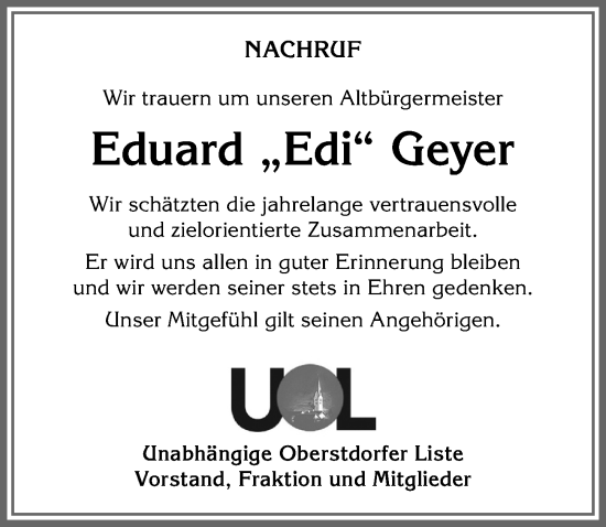 Traueranzeige von Edi Geyer von Allgäuer Anzeigeblatt