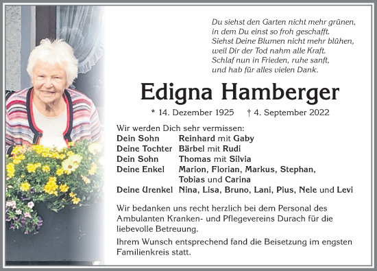 Traueranzeige von Edigna Hamberger von Allgäuer Zeitung,Kempten