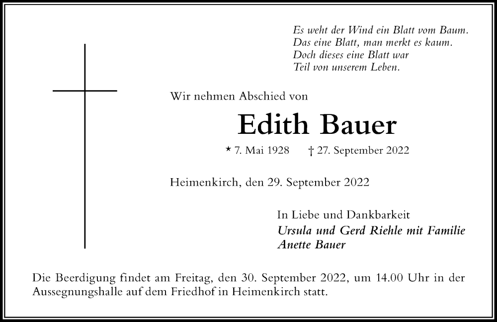  Traueranzeige für Edith Bauer vom 29.09.2022 aus Der Westallgäuer