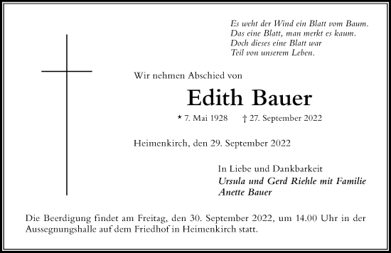 Traueranzeige von Edith Bauer von Der Westallgäuer