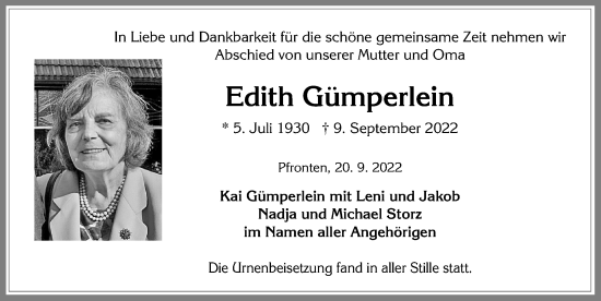 Traueranzeige von Edith Gümperlein von Allgäuer Zeitung, Füssen