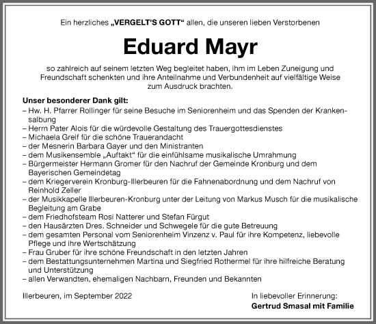 Traueranzeige von Eduard Mayr von Memminger Zeitung