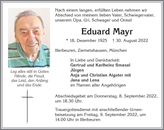 Traueranzeige von Eduard Mayr von Memminger Zeitung