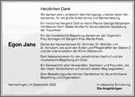 Traueranzeige von Egon Jans von Memminger Zeitung