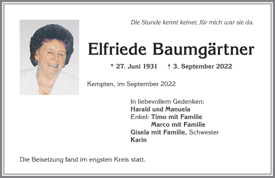 Traueranzeige von Elfriede Baumgärtner von Allgäuer Zeitung,Kempten