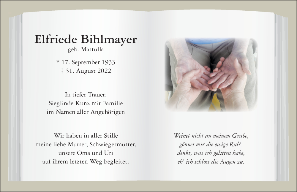  Traueranzeige für Elfriede Bihlmayer vom 17.09.2022 aus Memminger Zeitung