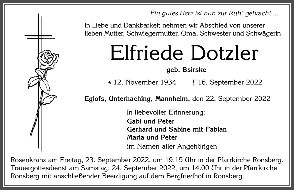  Traueranzeige für Elfriede Dotzler vom 22.09.2022 aus Allgäuer Zeitung, Marktoberdorf