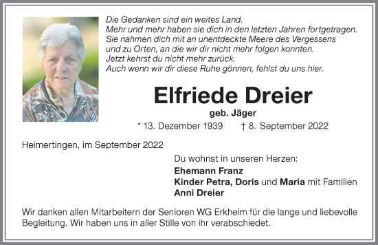 Traueranzeige von Elfriede Dreier von Memminger Zeitung