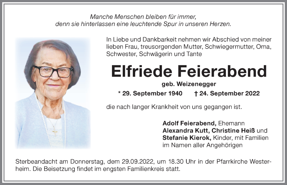  Traueranzeige für Elfriede Feierabend vom 28.09.2022 aus Memminger Zeitung