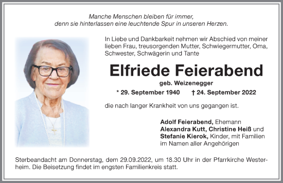 Traueranzeige von Elfriede Feierabend von Memminger Zeitung
