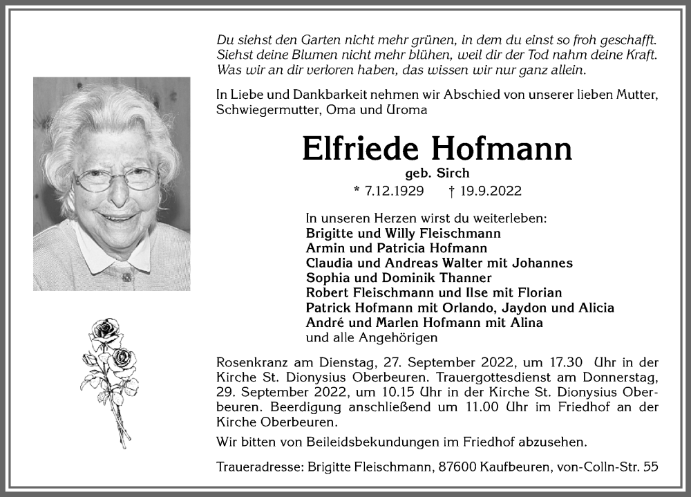  Traueranzeige für Elfriede Hofmann vom 26.09.2022 aus Allgäuer Zeitung, Kaufbeuren/Buchloe
