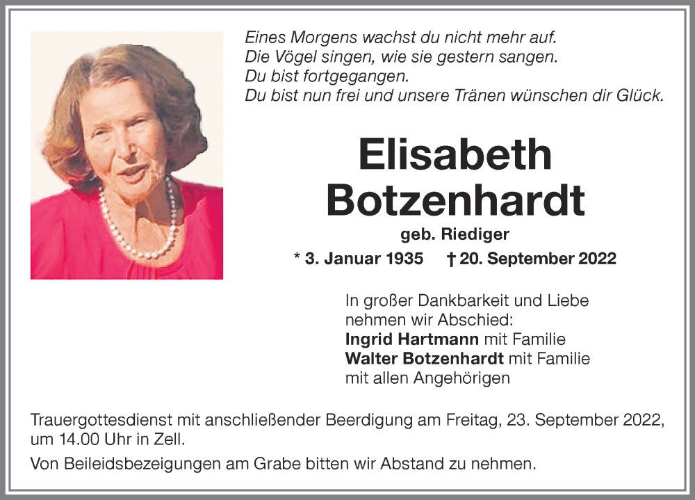  Traueranzeige für Elisabeth Botzenhardt vom 22.09.2022 aus Memminger Zeitung