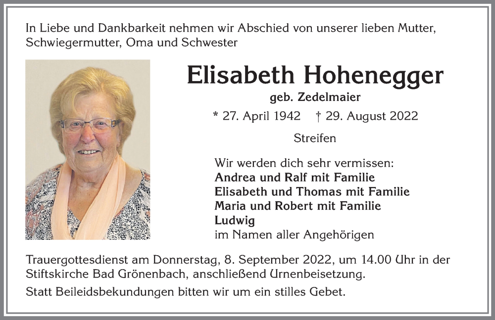  Traueranzeige für Elisabeth Hohenegger vom 03.09.2022 aus Memminger Zeitung
