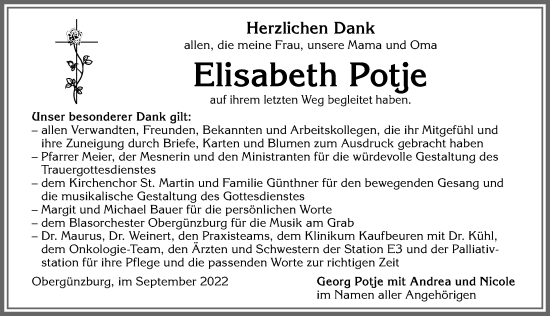 Traueranzeige von Elisabeth Potje von Allgäuer Zeitung, Kaufbeuren/Buchloe