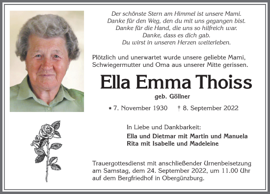 Traueranzeige von Ella Emma Thoiss von Allgäuer Zeitung, Marktoberdorf