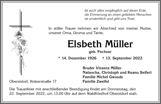 Traueranzeige von Elsbeth Müller von Allgäuer Anzeigeblatt