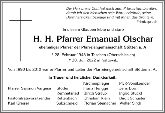 Traueranzeige von Emanual Olschar von Allgäuer Zeitung, Marktoberdorf