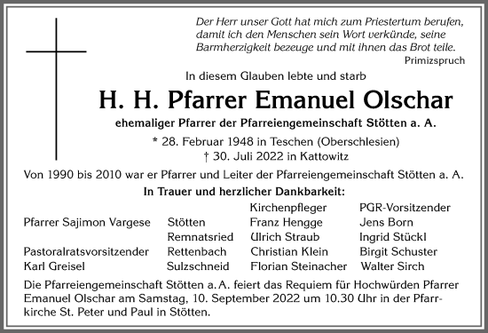 Traueranzeige von Emanuel Olschar von Allgäuer Zeitung, Marktoberdorf