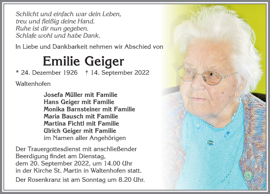 Traueranzeige von Emilie Geiger von Allgäuer Zeitung,Kempten