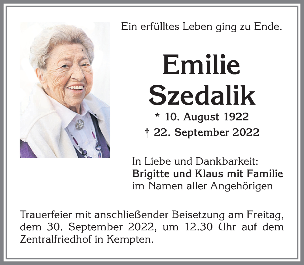  Traueranzeige für Emilie Szedalik vom 28.09.2022 aus Allgäuer Zeitung,Kempten